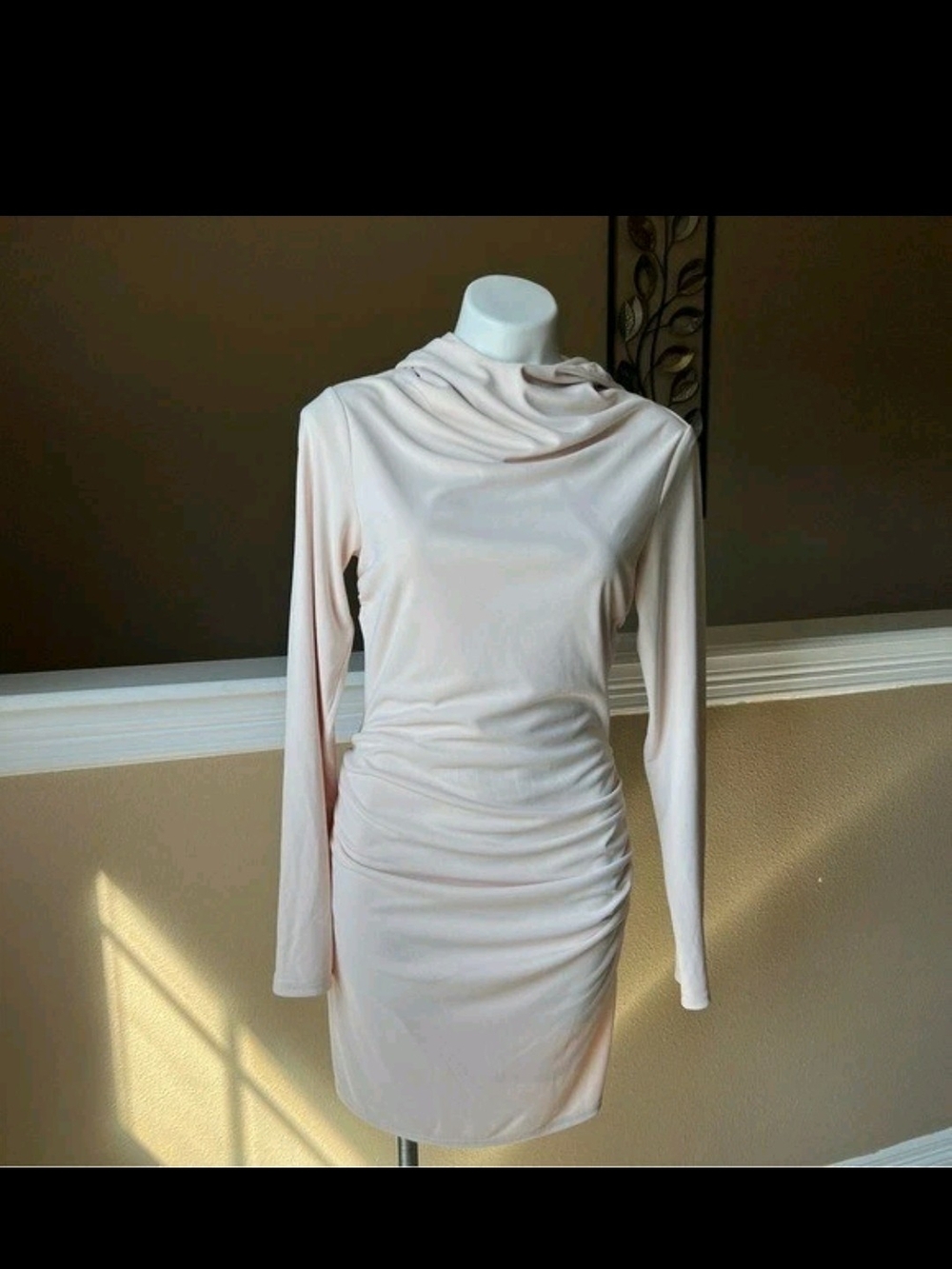 Zara Ruched Women's  Long-Sleeve Mini Dress in Cream with hood and open back